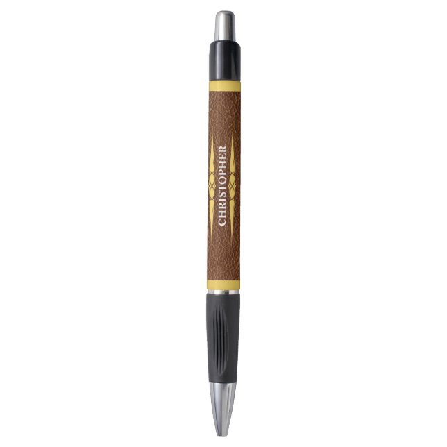 Lux Brown Leather & Gold Foil Monogram Name Pen (Front Vertical)