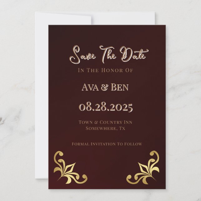 Lux Burgundy Gold Flourish Save The Date Cards (Front)