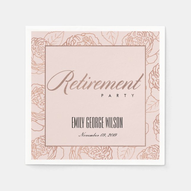 LUX ELEGANT BLUSH PINK ROSE GOLD FLORAL RETIREMENT NAPKINS (Front)
