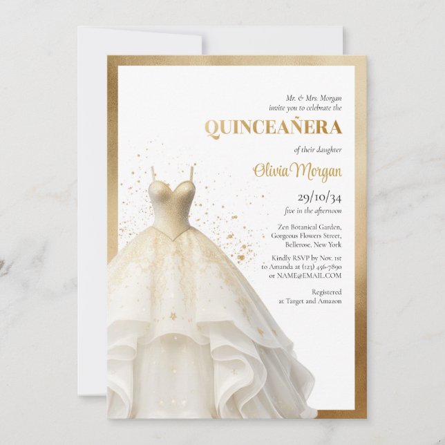 Lux elegant gold ball dress glamour Quinceañera Invitation (Front)