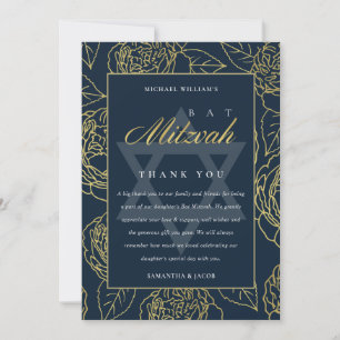 LUX ELEGANT NAVY GOLD ROSE FLORAL BAT BAR MITZVAH THANK YOU CARD