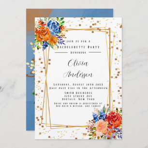 Lux Glitter Blue Orange Floral Bachelorette Party Invitation