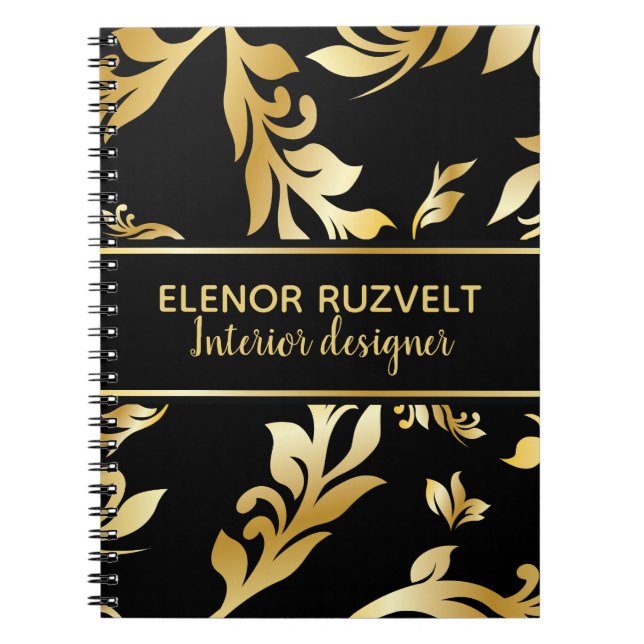 Lux gold black modern elegant floral damask design notebook (Front)