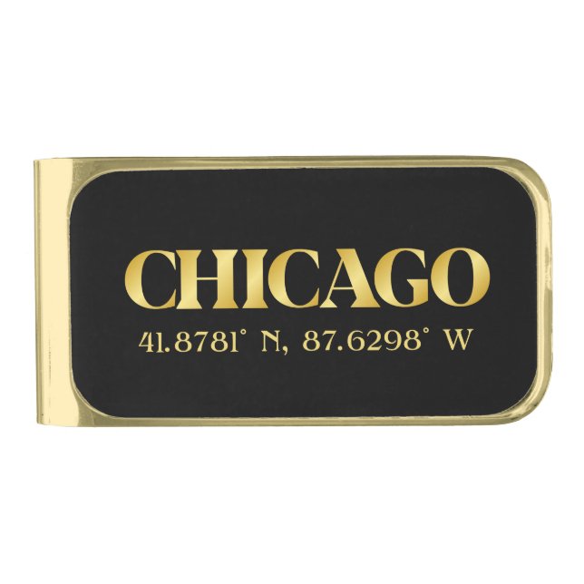 Lux Gold Chicago Latitude & Longitude  Gold Finish Money Clip (Front)