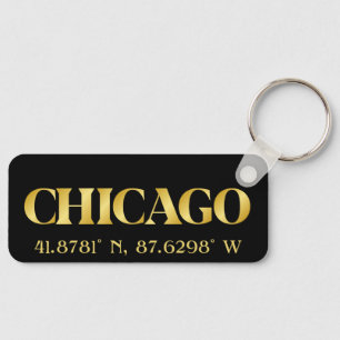 Lux Gold Chicago Latitude & Longitude  Keychain
