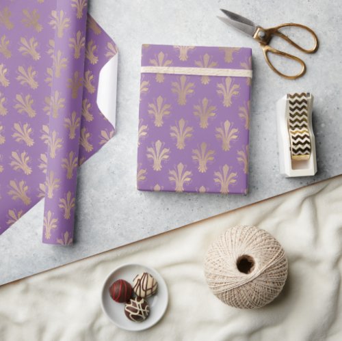 Lux Gold Fleur de Lis and Amethyst  Wrapping Paper