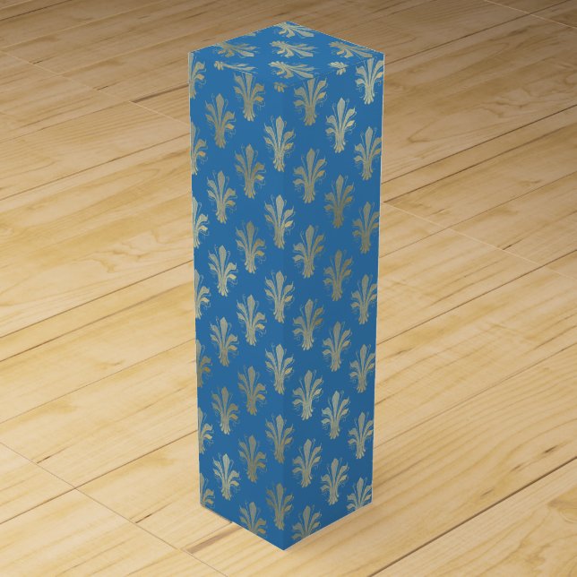 Lux Gold Fleur de Lis and French Blue  Wine Box (Front)