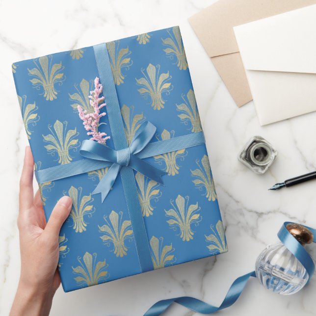 Lux Gold Fleur de Lis and French Blue Wrapping Paper (Gifting)