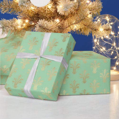 Lux Gold Fleur de Lis and Green Ash  Wrapping Paper