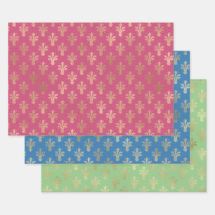 Lux Gold Fleur de Lis and Trendy 2021 Colors Wrapping Paper Sheets