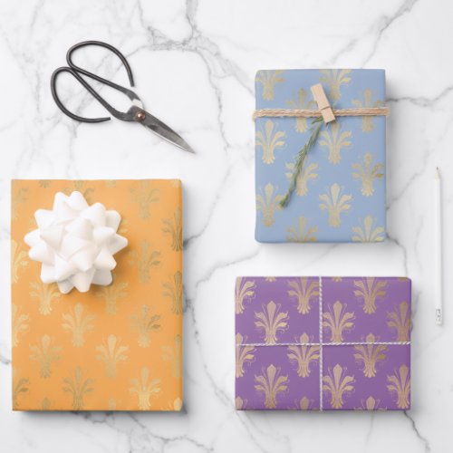 Lux Gold Fleur de Lis Fashion Color Trio   Wrapping Paper Sheets