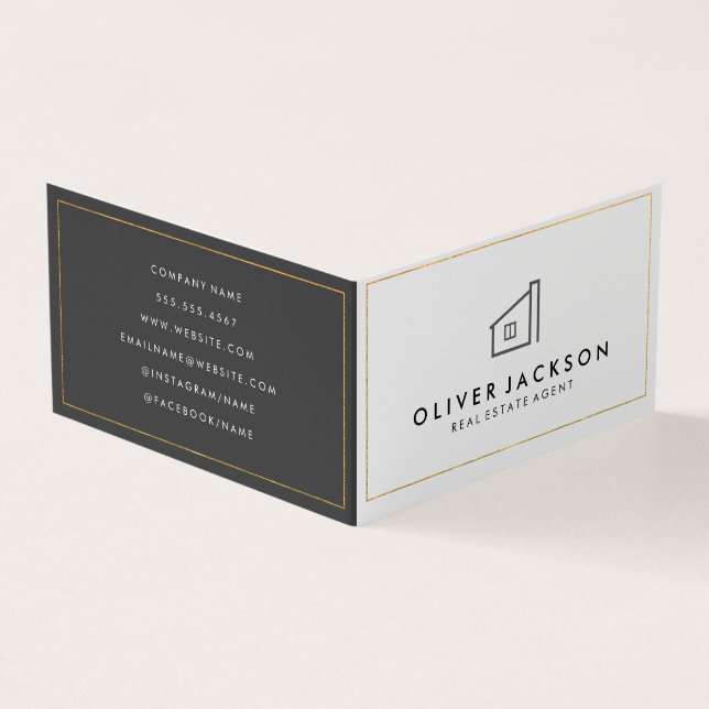 Lux Gold Foil Real Estate White Gray Business Card (Outside)