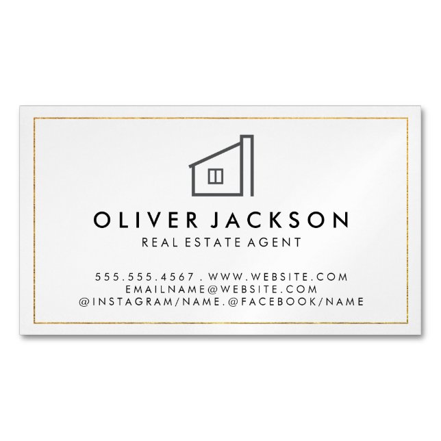 Lux Gold Foil Real Estate White Gray Business Card Magnet (Front)