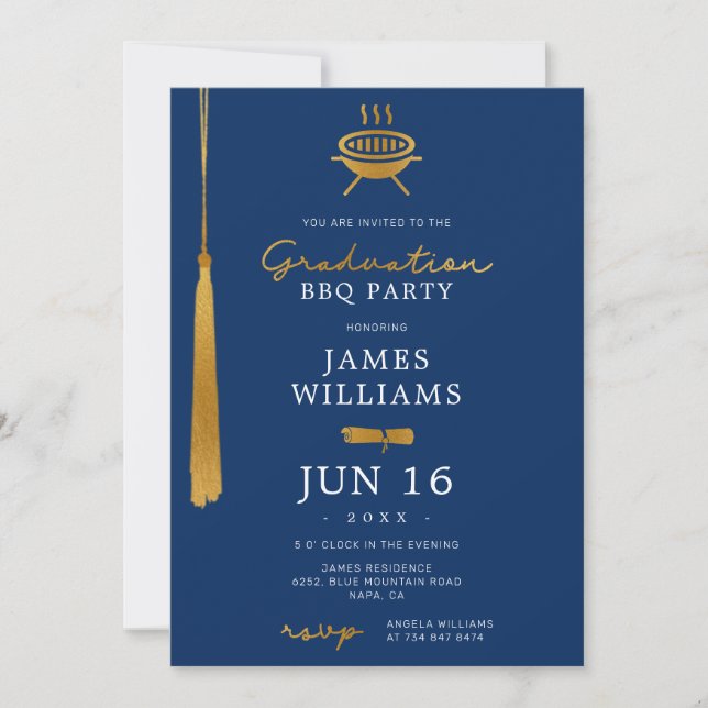 Lux Gold Foil Tassel Graduation BBQ Party Blue Invitation (Front)