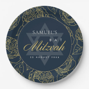 LUX GOLD NAVY BLUE ROSE FLORAL BAR BAT MITZVAH PAPER PLATES