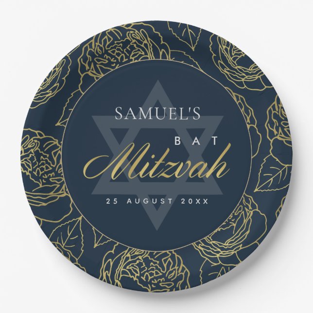 LUX GOLD NAVY BLUE ROSE FLORAL BAR BAT MITZVAH PAPER PLATES (Front)