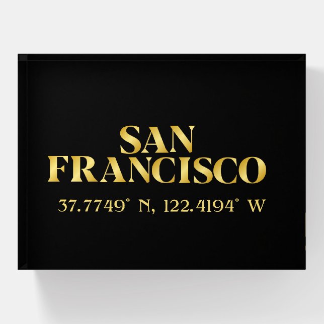 Lux Gold San Francisco Latitude & Longitude  Paperweight (Front)