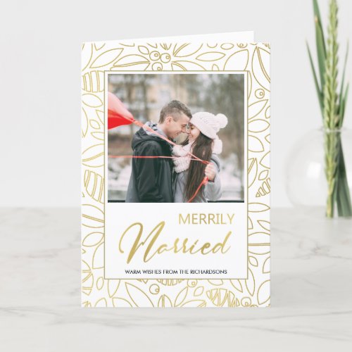 LUX GOLD WHITE HOLLY BERRIES MERRILY MARRIED PHOTO CARD