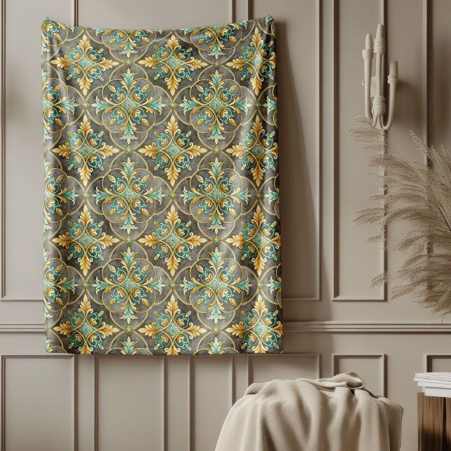 Lux Green and Gold Mediterranean tiles floral Fleece Blanket (Lux Green and Gold Mediterranean tiles floral Fleece Blanket)