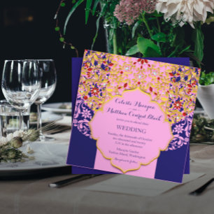 Lux Jeweled Gold Pink Blue Hindu Wedding Invitation