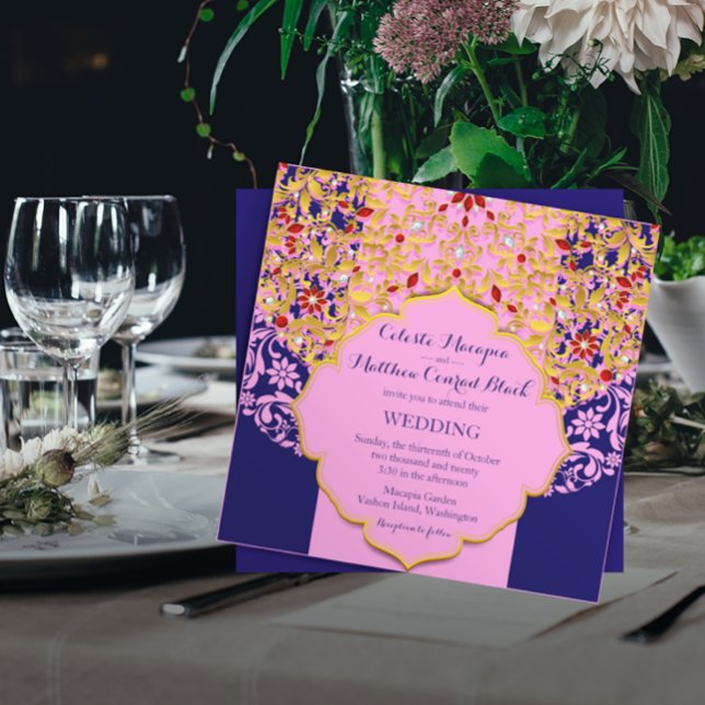 Lux Jeweled Gold Pink Blue Hindu Wedding Invitation (Creator Uploaded)