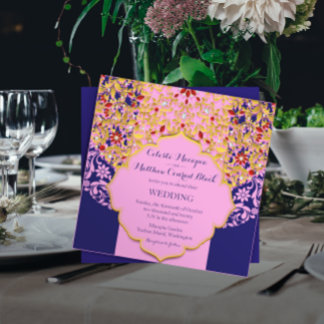 Lux Jeweled Gold Pink Blue Hindu Wedding Invitation