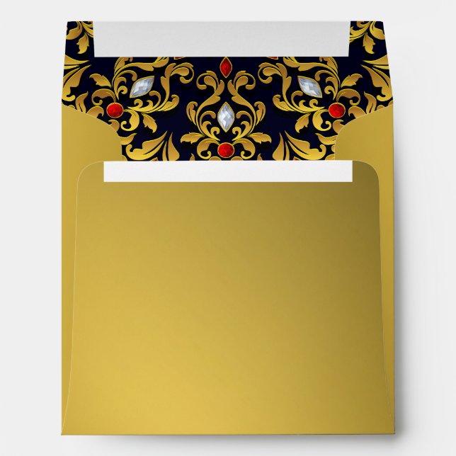 Lux Jeweled Gold Red Blue Hindu Wedding Envelope (Back (Bottom))