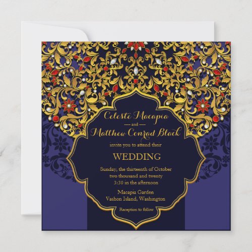 Lux Jeweled Gold Red Blue Hindu Wedding Invitation