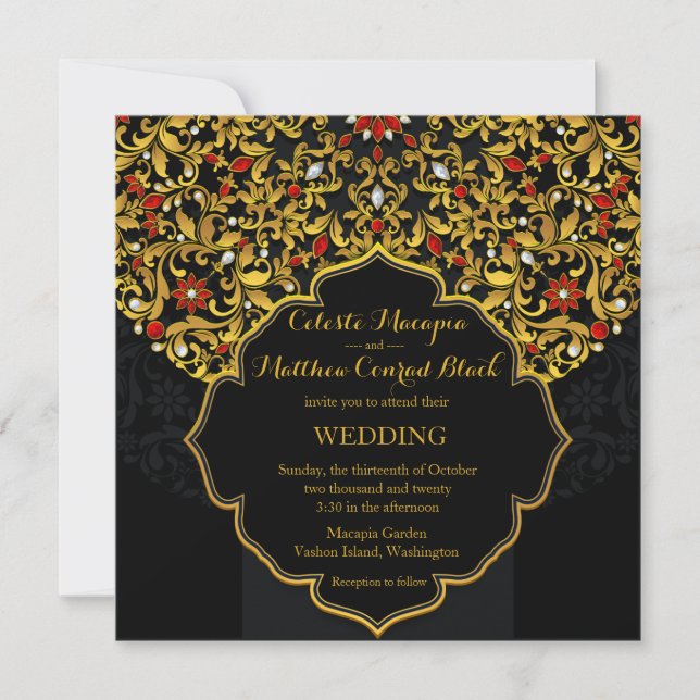 Lux Jeweled Gold Red Floral Indian Wedding Invitation (Front)
