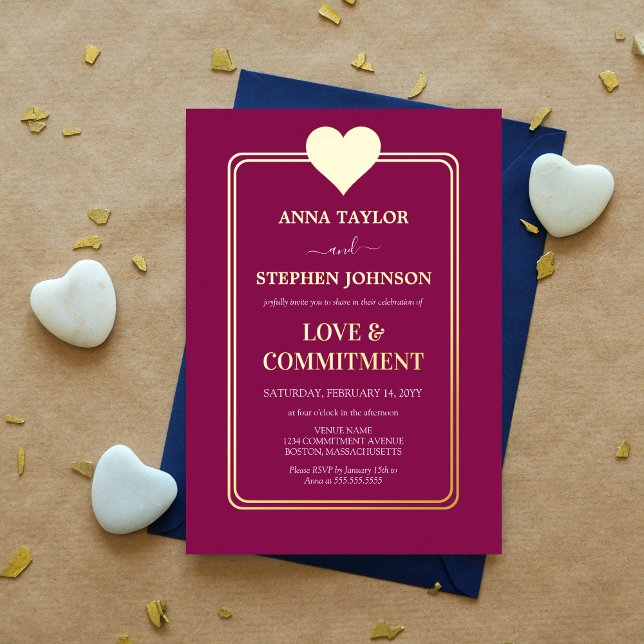 Lux Mulberry and Gold Heart Commitment Ceremony Foil Invitation (Mulberry and gold foil heart commitment ceremony invitation front view)