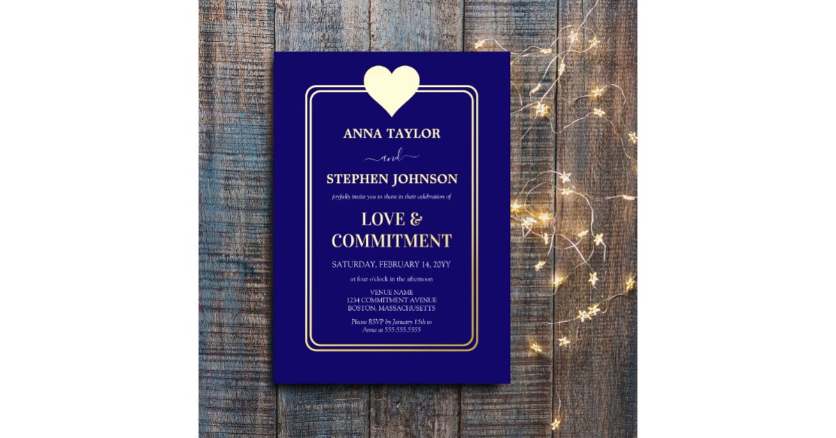 Lux Navy Blue and Gold Heart Commitment Ceremony Foil Invitation | Zazzle