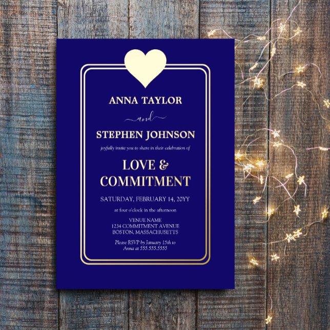 Lux Navy Blue and Gold Heart Commitment Ceremony Foil Invitation (Navy blue and gold foil commitment ceremony invitation front view.)