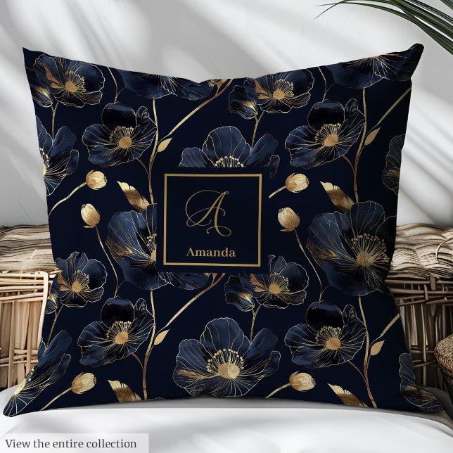 Lux Navy Gold Floral Cushion Chic Personalized (Navy Gold Floral Cushion Chic Personalized Look)