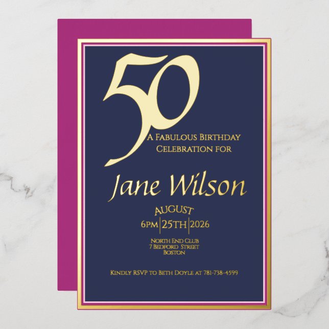 Lux Navy, Pink and Gold Foil 50th  Invitation (Front/Back)