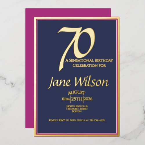 Lux Navy, Pink and Gold Foil 70th  Invitation