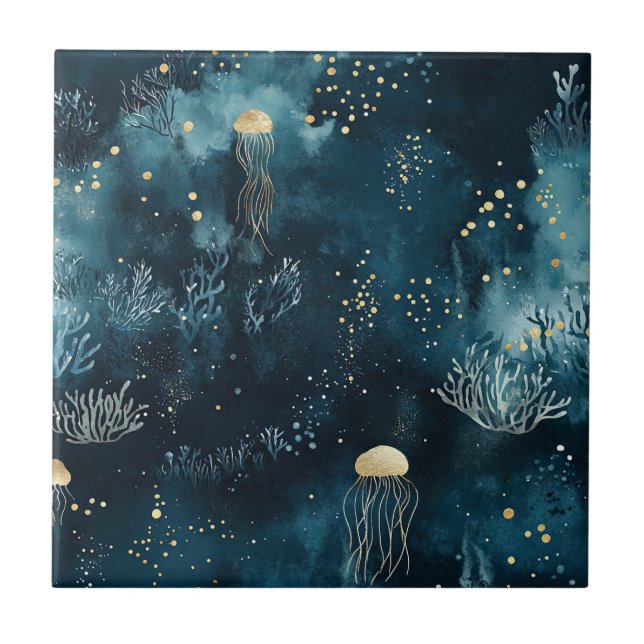 Lux Ocean Jellyfish & Coral Gold Pattern (1) Ceramic Tile (Front)