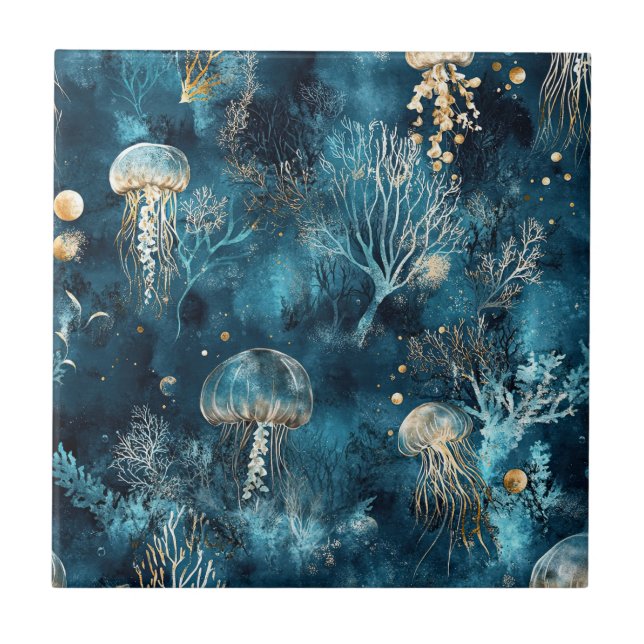 Lux Ocean Jellyfish & Coral Gold Pattern (2) Ceramic Tile (Front)