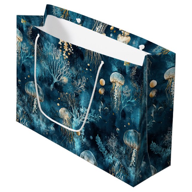 Lux Ocean Jellyfish & Coral Gold Pattern (2) Large Gift Bag (Front Angled)