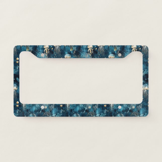 Lux Ocean Jellyfish & Coral Gold Pattern (2) License Plate Frame (Front)