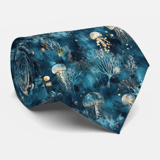 Lux Ocean Jellyfish & Coral Gold Pattern Neck Tie