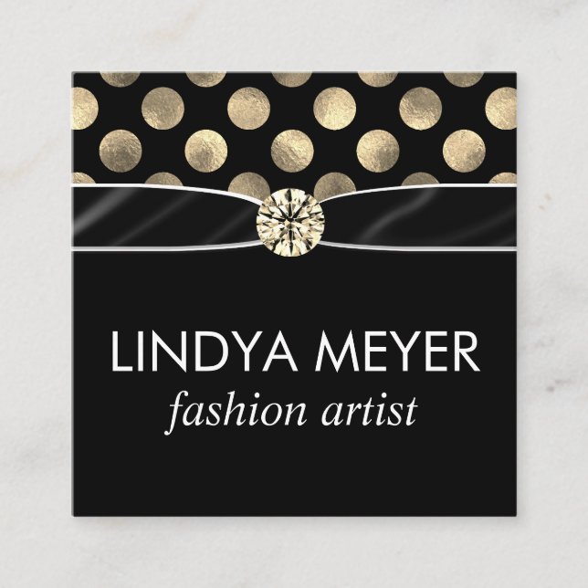 Lux Polka Dot Ribbon and Diamond Center Piece Square Business Card (Front)