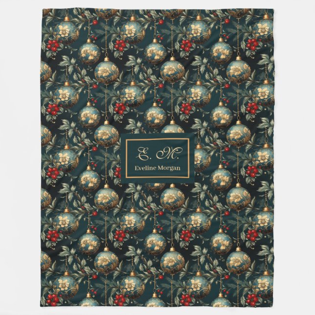 Lux red and green baubles personalized holiday fleece blanket (Front)