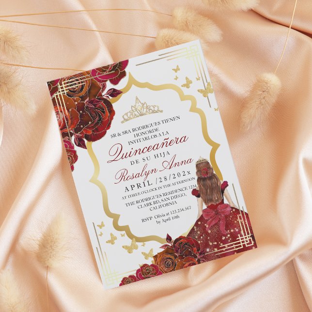 Lux Red Gold Rose Princess Quinceañera Invitation (Creator Uploaded)