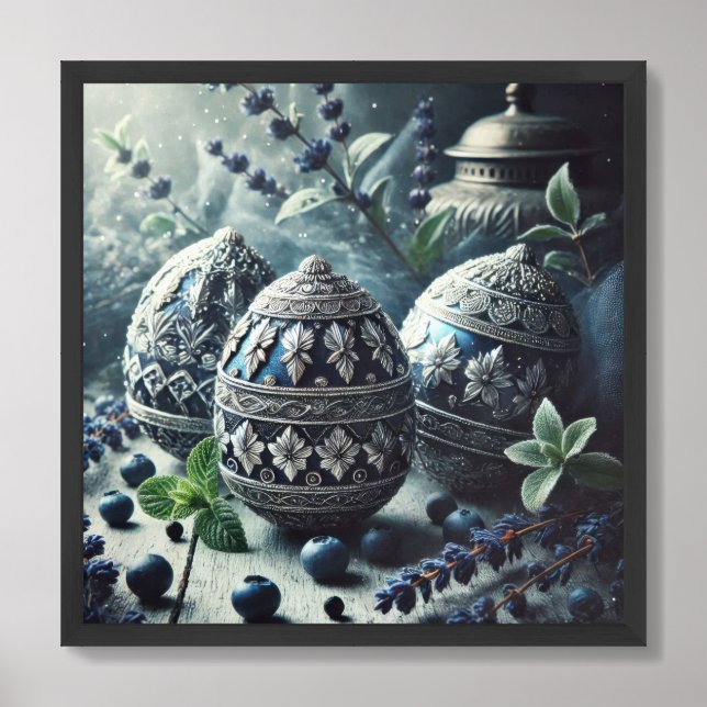 Lux silver and blue Easter eggs engraved floral Framed Art (Framed Front)