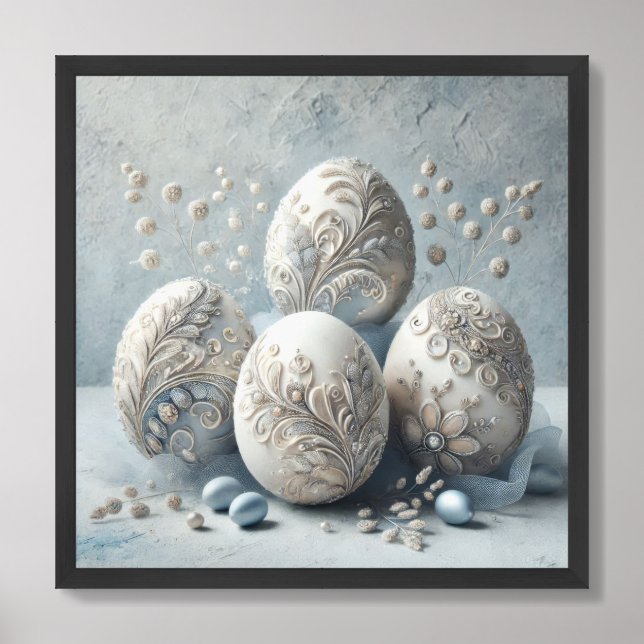 Lux silver and blue Easter eggs engraved floral Framed Art (Framed Front)