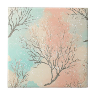 Lux Watercolor Coastal Coral & Ocean Waves (2) Ceramic Tile