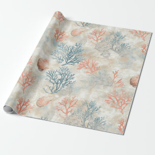 Lux Watercolor Coastal Coral & Ocean Waves (6) Wrapping Paper