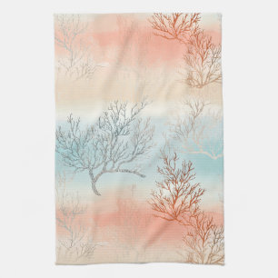 Lux Watercolor Coastal Coral & Ocean Waves Kitchen Towel