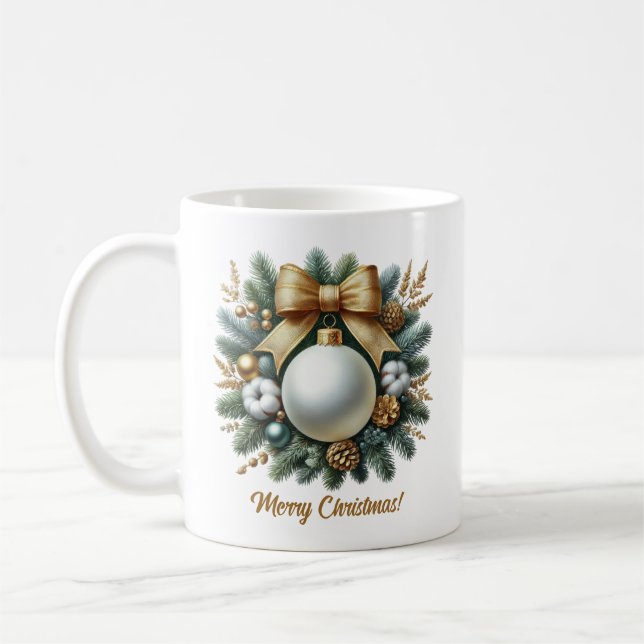 Lux white Christmas bauble cotton golden bow pine Coffee Mug (Left)