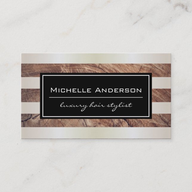Lux White Gold Stripes / Rustic Wood Business Card (Front)